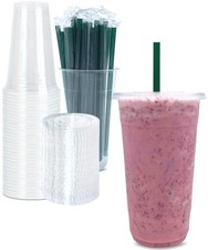 32 oz Clear Plastic Cups with Lids and STRAWS, Disposable 50 Piece Set, 32