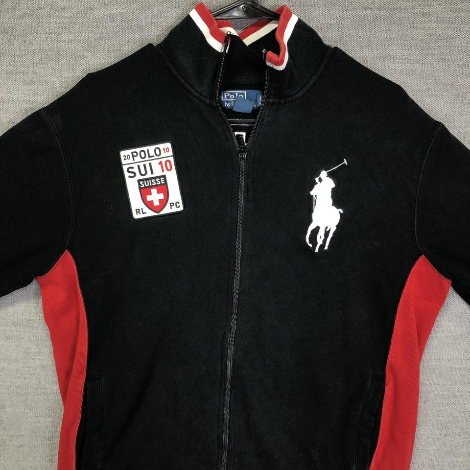 Polo Ralph Lauren Jacket Mens Large Black Red Full Zip Track SUI 10 Big Pony - Image 2 of 4