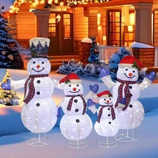 4PC Christmas Snowman Santa Hat Family LED Lighted Outdoor Lawn Yard Art Set