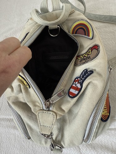 Rebecca Minkoff Distressed Faded Denim Blue Backpack With Badges - Picture 5 of 11