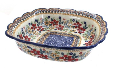 Blue Rose Polish Pottery Red Daisy Small Square Serving Dish