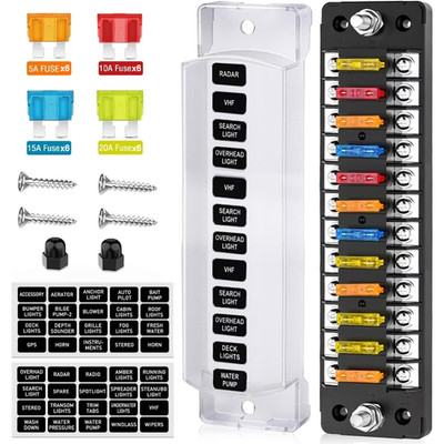 12 Way Blade Fuse Block with Negative Bus ATC/ATO Waterproof Marine Automotive