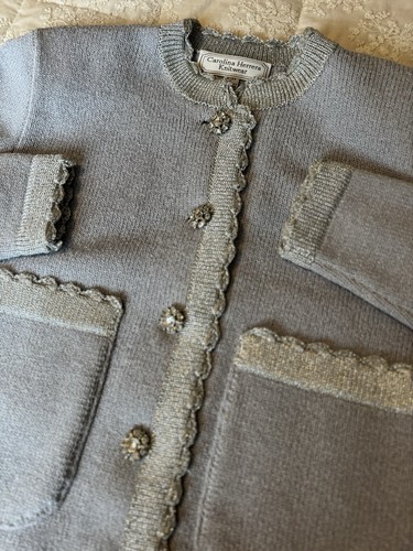 Carolina Herrera Knit Skirt Suit Set US6 Blue Silver Trim Crystal Buttons - Picture 16 of 23