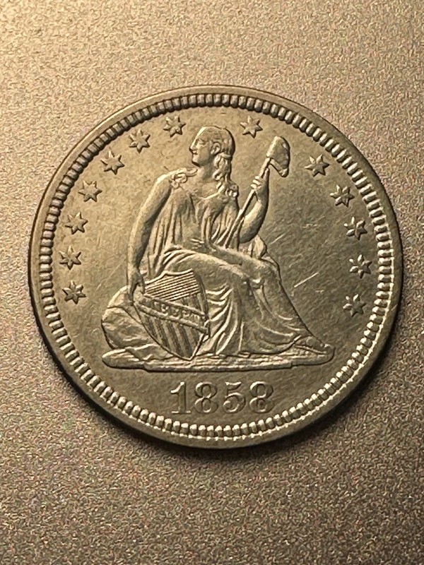 1858 Seated Liberty Quarter AU, No Motto Super Nice! 7.3 Mil Mintage