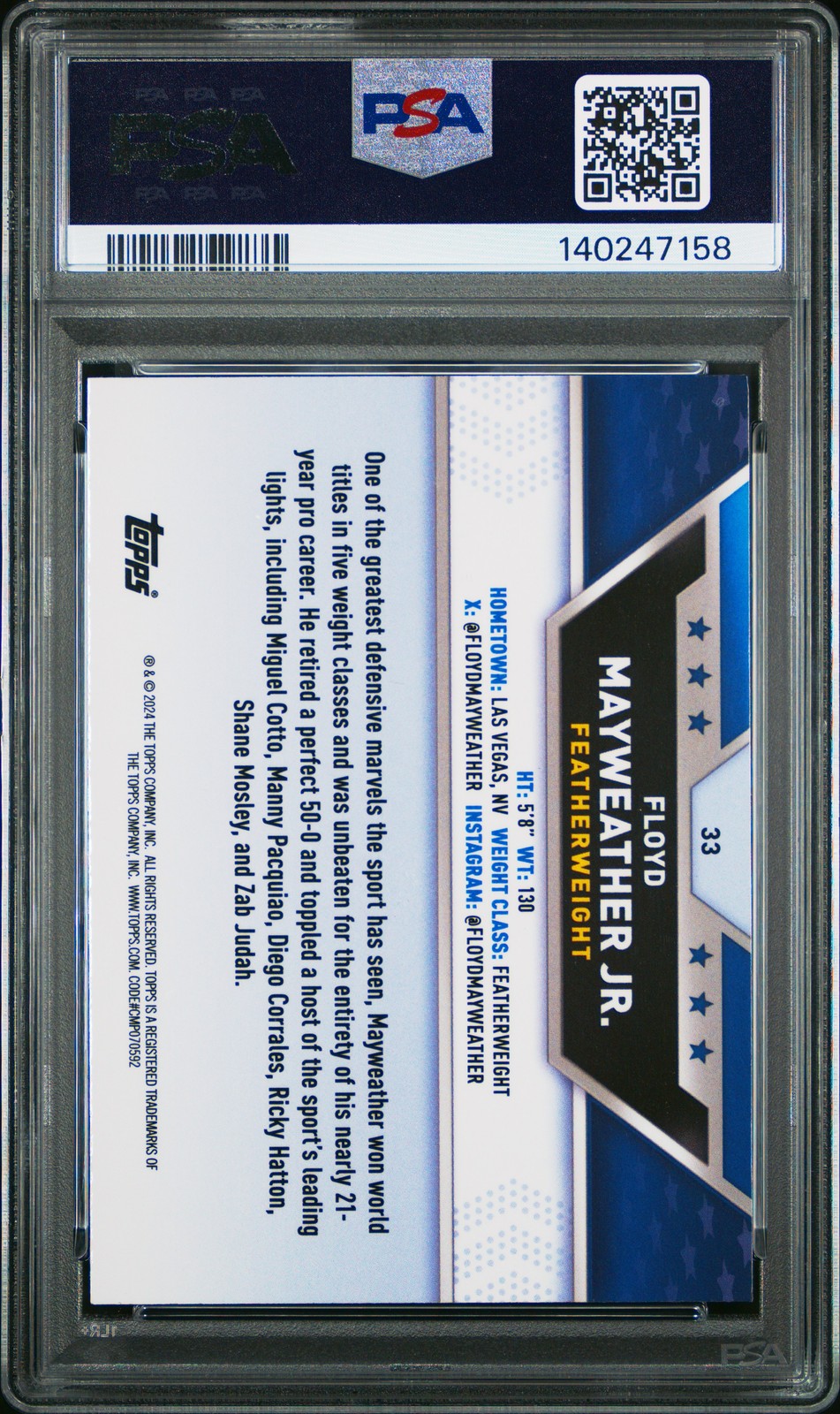 2024 TOPPS CHROME BOXING BRONZE REFRACTOR #33 FLOYD MAYWEATHER JR. 36/225 PSA 9 view 2
