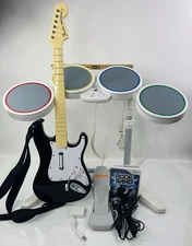 Nintendo Wii Rock Band Bundle Set Fender Guitar Dongle Drums Game Mic