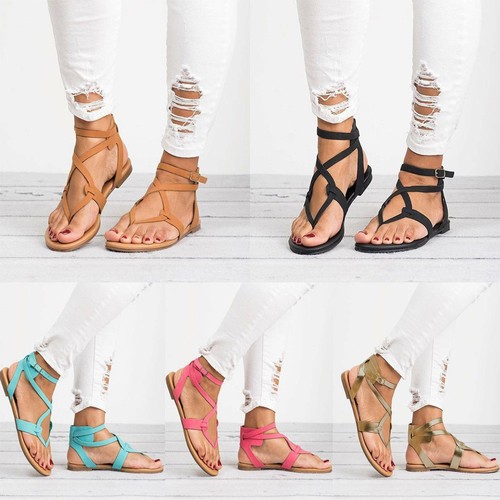 Flache Damen-Sandalen Sommer Knöchelriemen Flip-Flop Gladiator Größe 6-10,5 - Bild 3 von 29