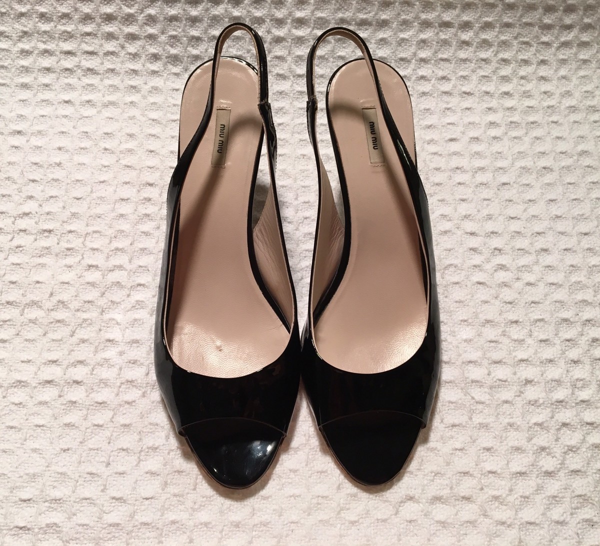 Prada MIU MIU 38 / 8 Black Patent Open Toe Slingbacks Metal Wedge