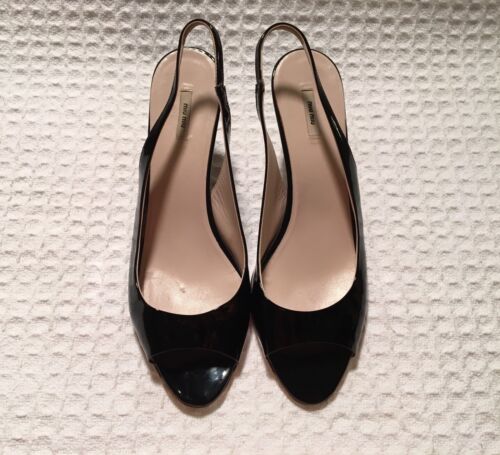 Prada MIU MIU Black Patent Leather Open Toe Slingbacks Metal Wedge High Heels 38 - Picture 2 of 12