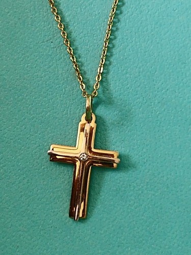 DESIGNER 14K YELLOW GOLD DIAMOND CROSS PENDANT NECKLACE 18" - 第 8/15 張圖片
