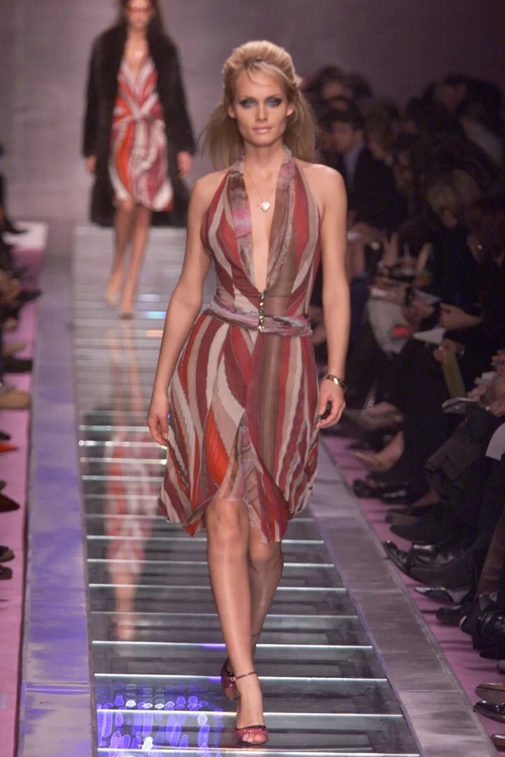 ABITO VINTAGE VERSACE ROSA ASTRATTA STAMPA CON PANNELLI IN PIZZO 2000