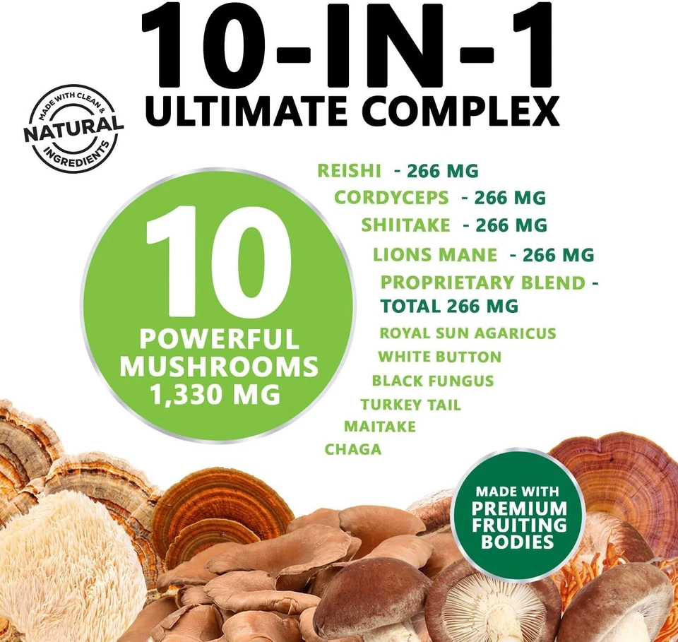 Mushroom Complex Supplement Capsules - 10 Mushrooms Lions Mane, Reishi, Chaga - Image 2 of 4