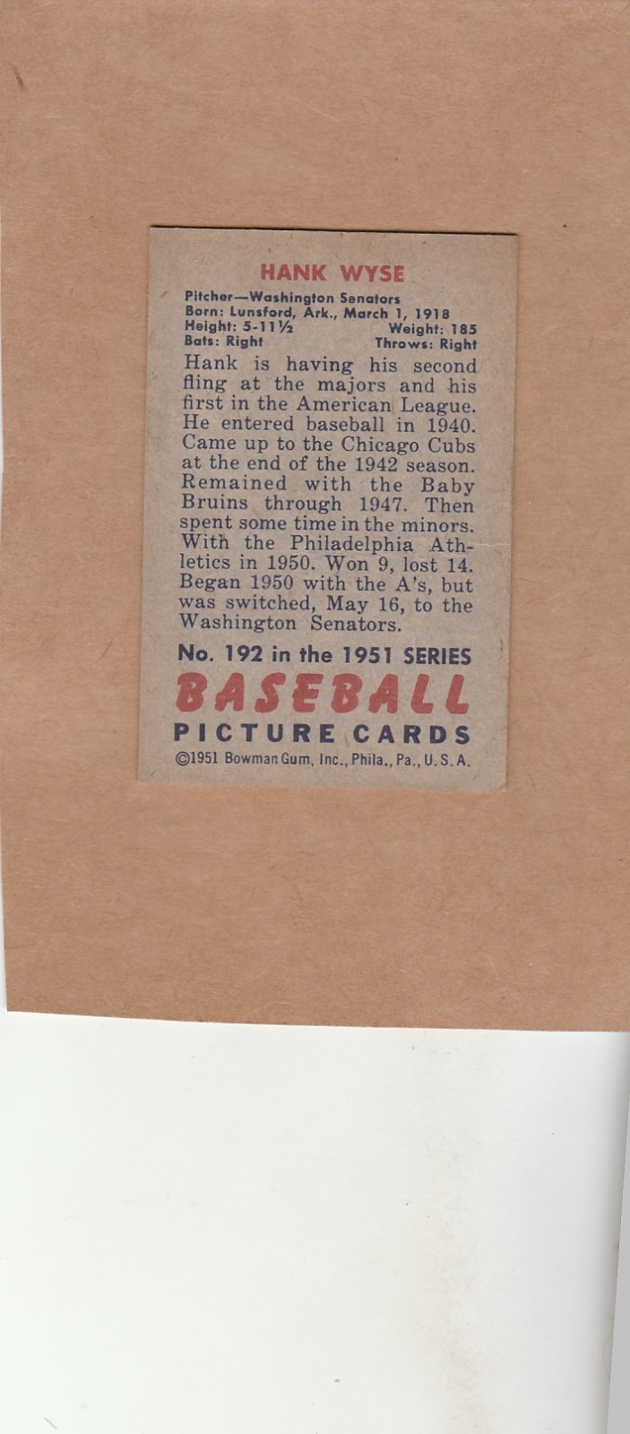 1951 Bowman baseball 192 Hank Wyse eBay