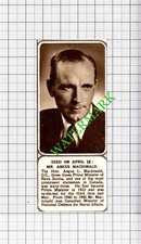 Mr Angus Macdonald Nova Scotia Prime Minister Obituary - 1954 Small Cutting