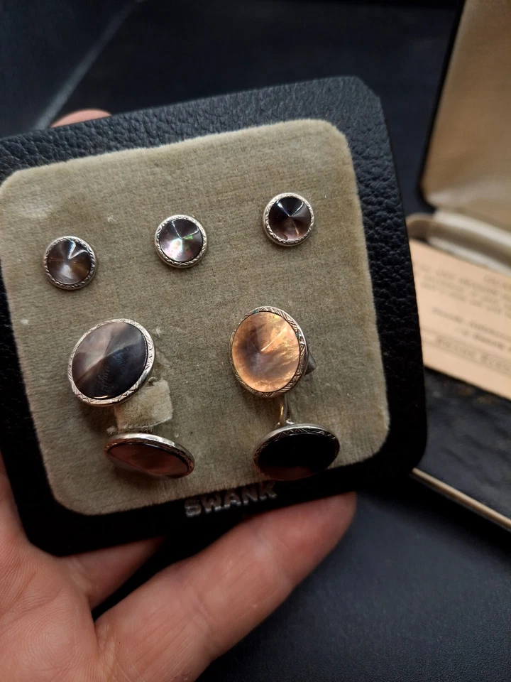 Swank Antiguo Juego de Gemelos 4 Piezas Madreperla Abulón Noche Caja Original Foto 4 de 4