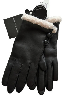 Saks Fifth Avenue Ladies Black Leather Gloves Faux Fur Button Sides $59.99 MSRP