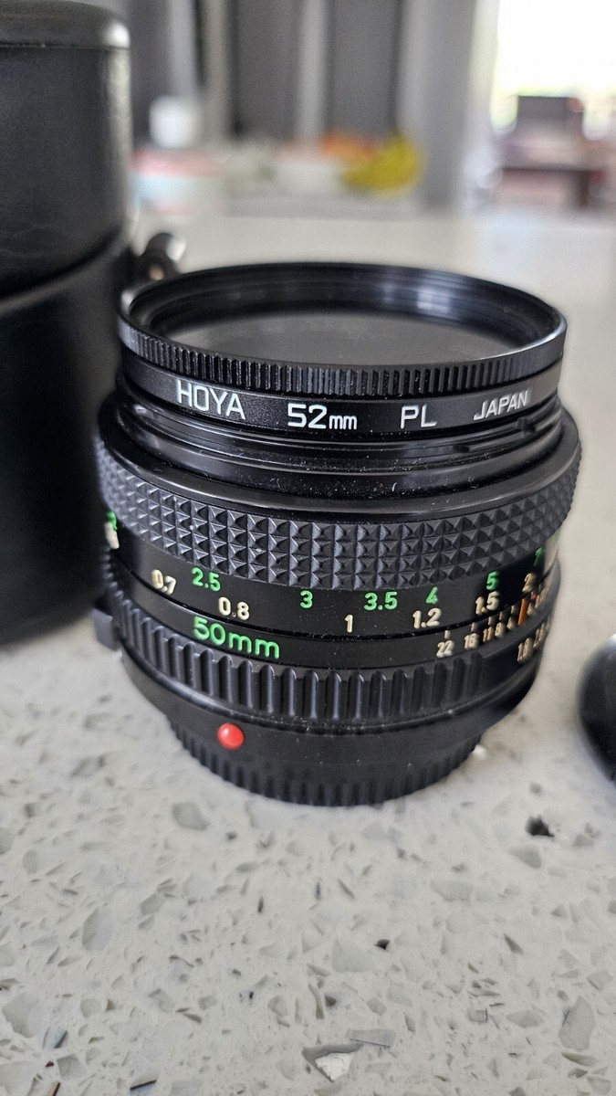 Canon FD 50mm f1.8 Lens With Hoya 52mm PL Filter, Caps And Leather