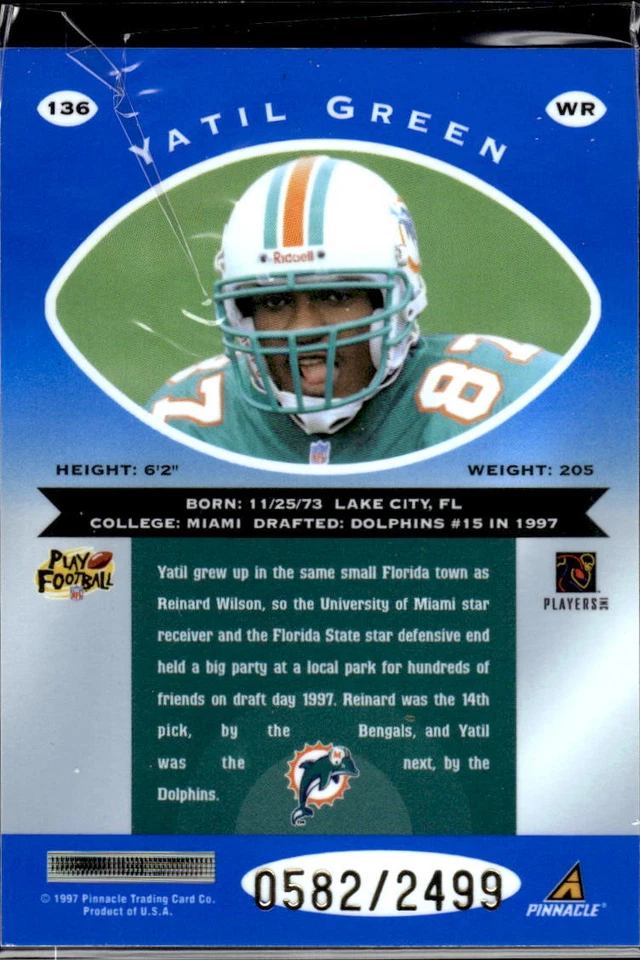 1997 Pinnacle Totally Certified #136 Yatil Green Platinum Blue #/2499 - Image 2 of 2