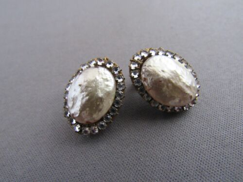 VINTAGE MIRIAM HASKELL GOLD TONE RHINESTONE PEARL CLIPBACK EARRINGS