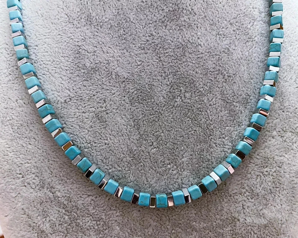 Collana Girocollo Uomo in Pietra Naturale Blu Turchese Ematite cubo argento 4mm - Immagine 2 di 4