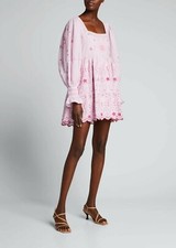 NWT LOVESHACKFANCY Freja Pink Eyelet Puff-Sleeve Mini Dress 8 $395