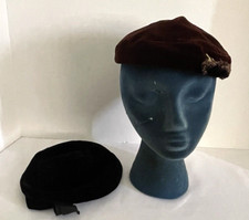 2 Vintage Black and Wine Velvet Pillbox Hats JL Hudson's and Heath New York