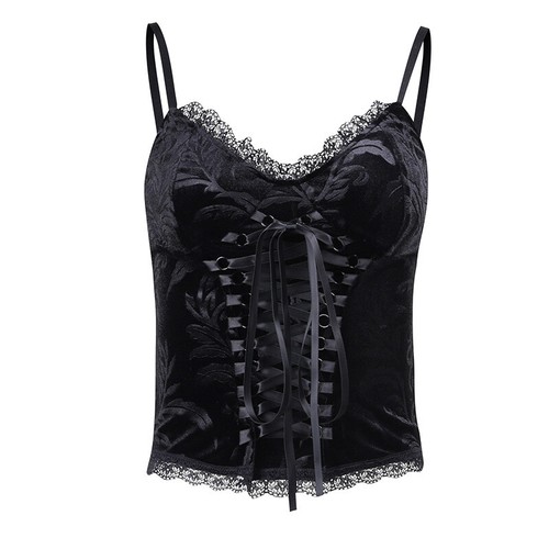 Femme Floral Dentelle Velours Débardeur Caraco Bandage Rétro Gothic Punk Lolita - Picture 2 of 12