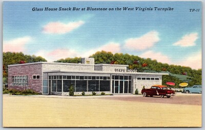 Glass House Snack Bar Classic Car West Virginia Turnpike VINTAGE Postcard 4688
