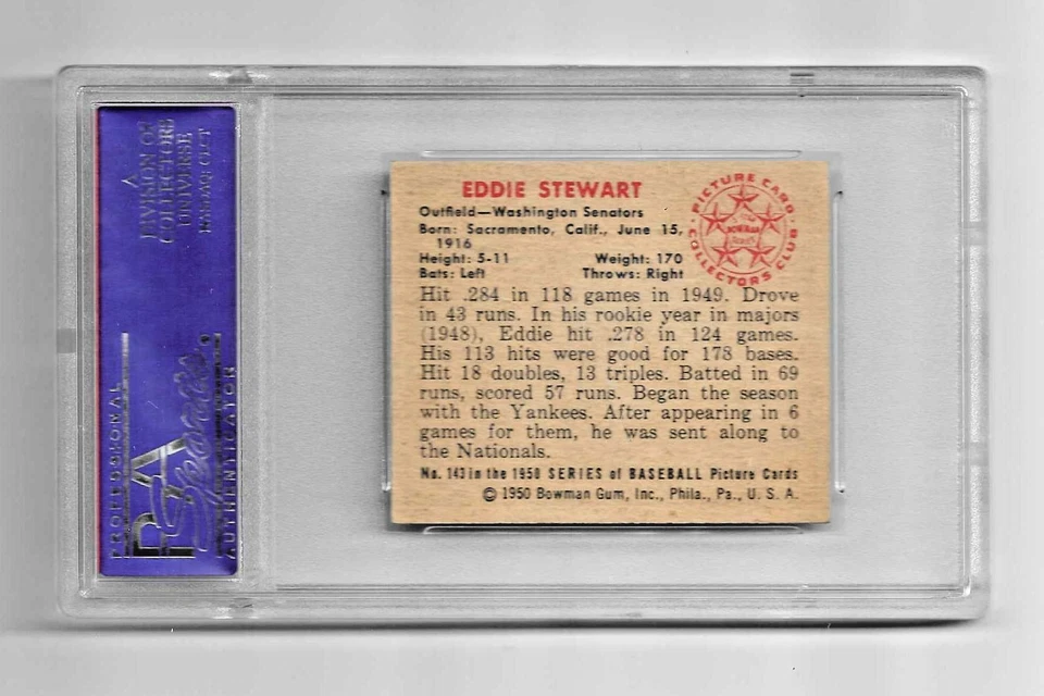 1950 BOWMAN BASEBALL CARD #143 EDDIE STEWART PSA 8 NQ MLB WASHINGTON SENATORS - Image 4 of 4