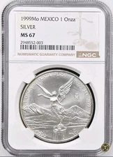 1999 Mexico Libertad 1 Onza Plata Pura - 1oz .999 Fine Coin Silver - NGC MS67