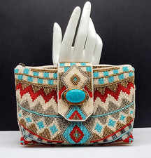 Mary Frances Southwestern Style Beaded Turquoise Clutch Purse Bag w Chain Strap