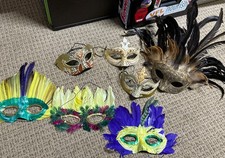 Mardi Gras Masquerade Party Feather Mask Lot of 7 Favor Face Masks Vintage