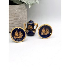 Vintage Limoges France Miniature Cobalt Blue Gold Porcelain Teapot an Plates Set