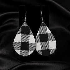 Silver Tone Metal Black & White Plaid Teardrop Dangle Hook Fashion Earrings