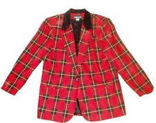 Women's Vintage SAG HARBOR RED TARTAN PLAID WOOL BLAZER VELVET COLLAR Size 14