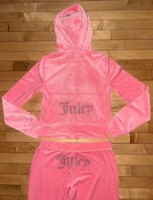 NEW JUICY COUTURE Velour OG Bling Tracksuit Hoodie  Pant Set Flamingo Pink M