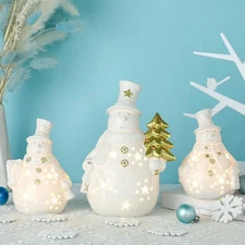 Domensi 3 Pcs Lighted Ceramic Christmas Tree Snowman Decor Gift Porcelain Whi...