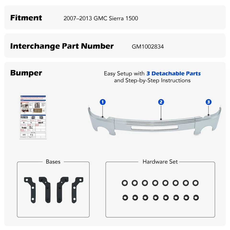 Chrome Front Bumper for 07-13 GMC Sierra 1500 with Fog Light Holes Split Style Foto 4 de 4