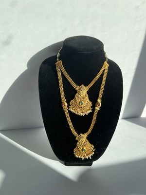 Traditional Desi Two Layer Gold Tone Bridal Necklace Set Drop Pendant 