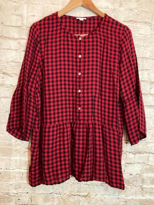 J. Jill Babydoll Top Womens Medium Tall Red Buffalo Check Plaid Flowy Ruffle Hem