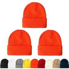 3 Pack Unisex Knit Beanie Hats for Winter - Orange