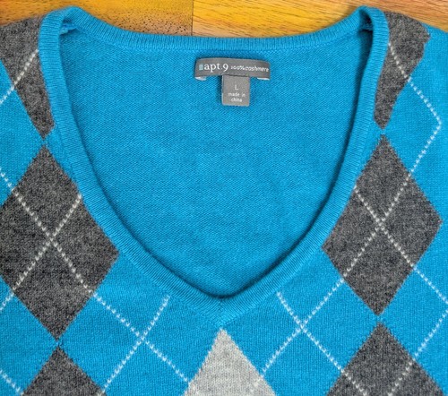⭐APT. 9 Damen 100% KASCHMIR Pullover Langarm Pulli Oberteil V-Ausschnitt Argyle L - Bild 3 von 9