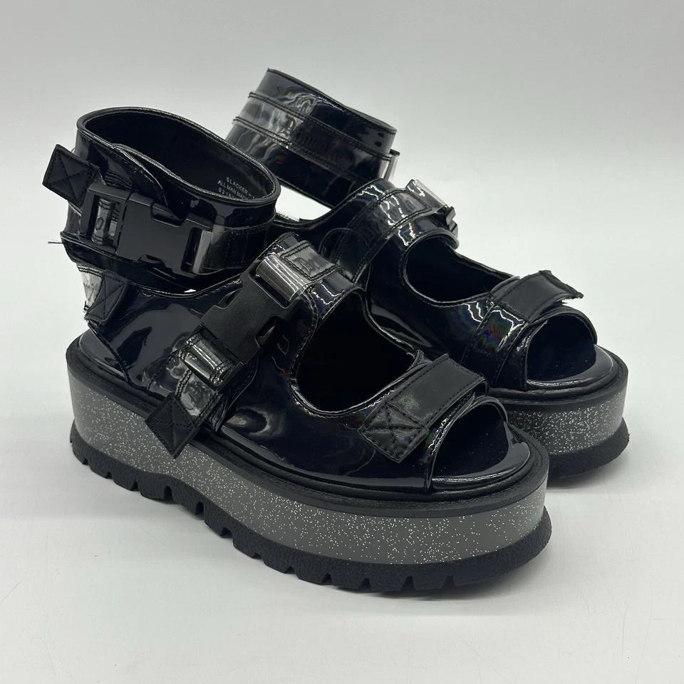 Demonia Slacker 15B Black Holo Patent Platform Ankle Cuff Sandals Women's Size 8 - Image 2 of 4