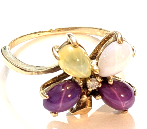 Beautiful 10K Yellow Gold Multi Gemstone & Diamond Flower Size 6.5 Ring 3.3 Gram - Picture 2 of 8