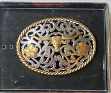 Vintage NOCONA Belt Co. 2 Tone Open Work Longhorn Belt Buck