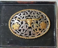 Vintage NOCONA Belt Co. 2 Tone Open Work Longhorn Belt Buck