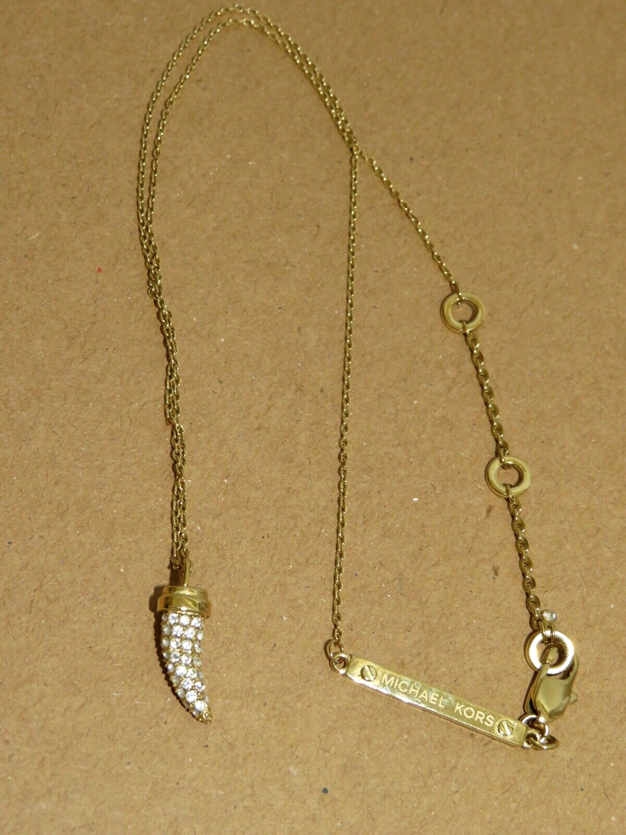 MICHAEL KORS Gold Tone Clear Crystal Padlock Charm Necklace NEW