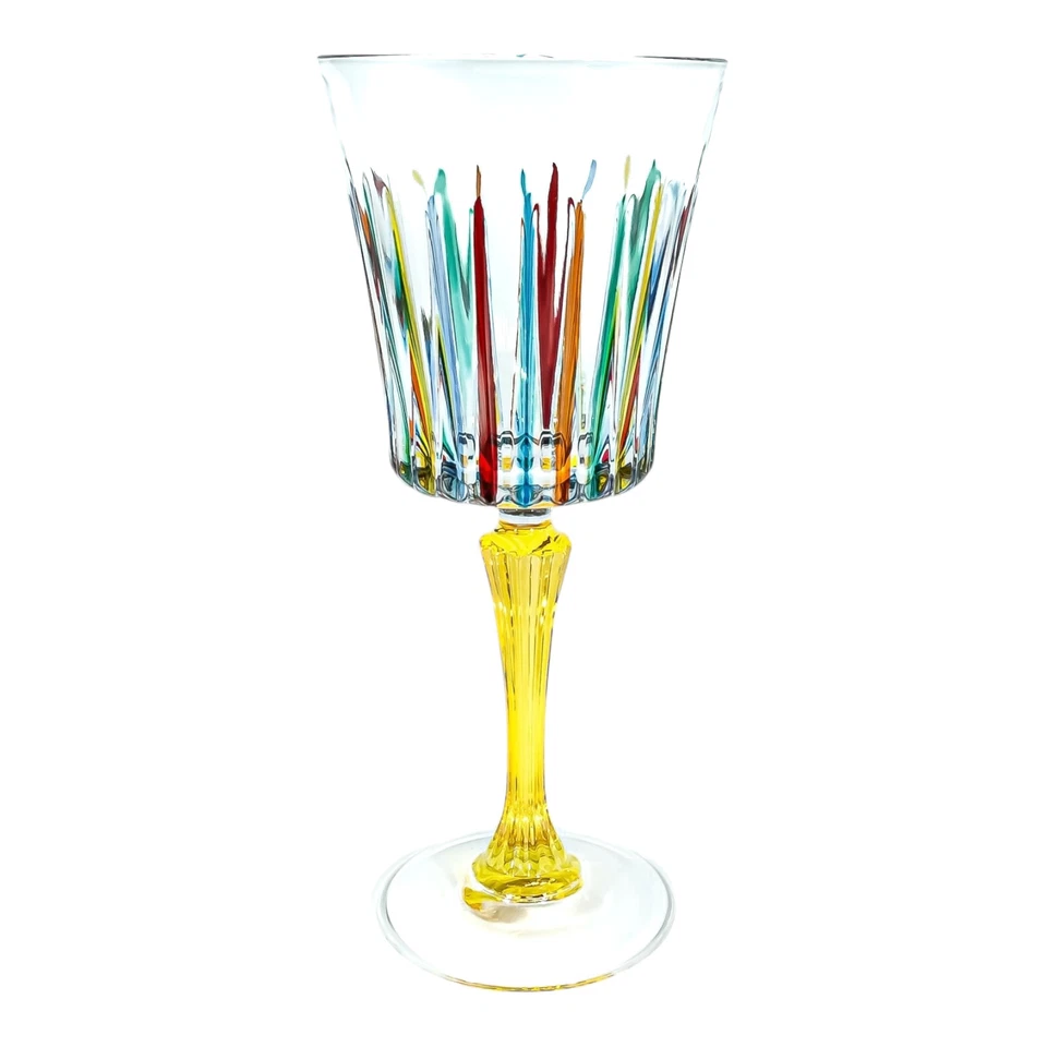 Pair of 2 Murano Wine Glasses Multi Colour Yellow Stem Hand Painted Venice Italy - Image 3 of 4