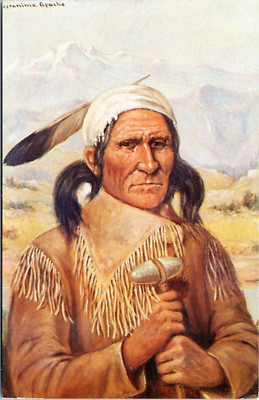 Geronimo Apache Chief Holding Tomahawk - Chrome Postcard- Artist Henry H. Cross