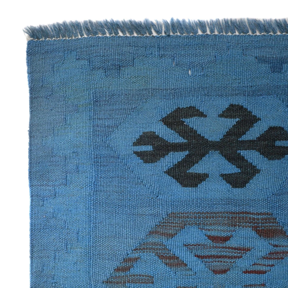 Blue Handmade Oriental Woolen Kilim Afghan Knotted Rug 3'11x5'9 FT. Kelim B29229 - Image 3 of 4